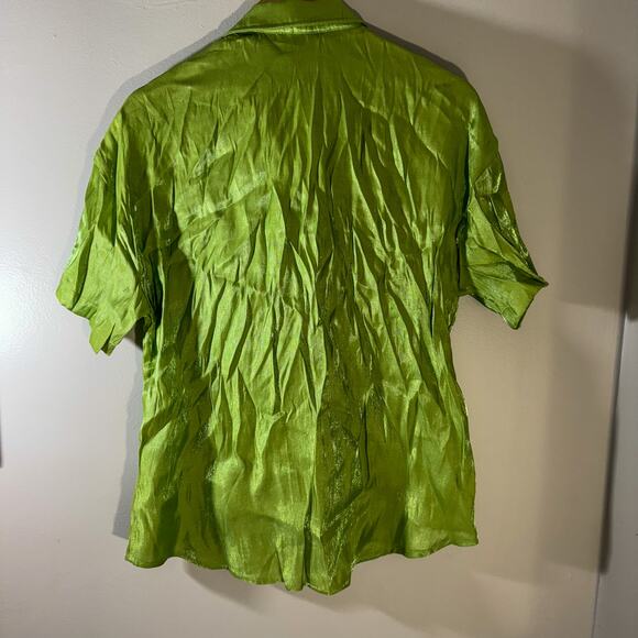 PAPERMOON Neon Lime Green Crinkle Shirt | Shiny Textured Short Sleeve Y2K Blouse - Picture 3 of 5